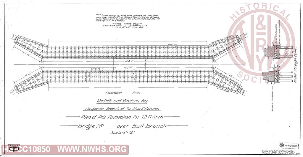 Plan of Pile Foundfation for 12ft Arch Bridge over Bull Branch, Naugatuck Branch of the Ohio Extension