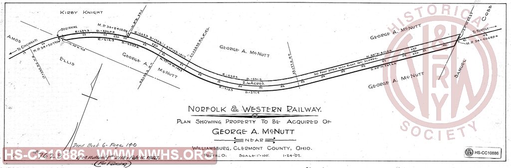 N&W Ry, Plan showing property to be acquired of George A. McNutt near Williamsburg, Cleremont County, Ohio