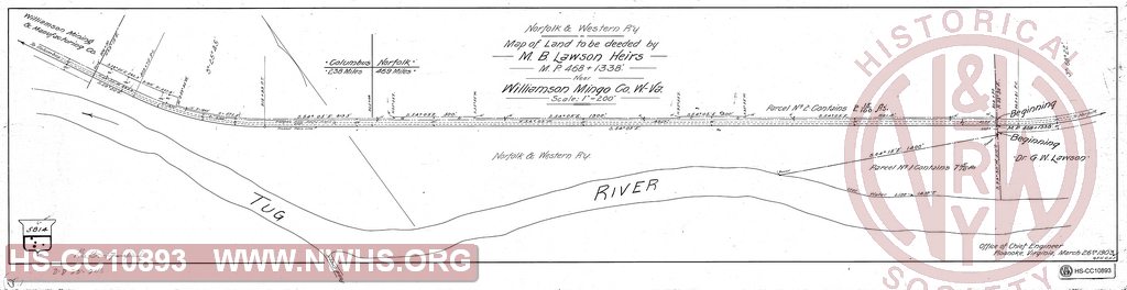 N&W Ry, Map of land to be deeded by M. B. Lawson Heirs, M.P. 468+1338 near Williamson Mingo Co W-Va.