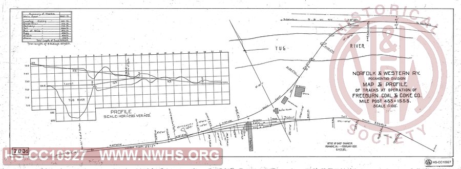 Map and Profile of Tracks at Operation of Freeburn Coal & Coke Co., MP 453+1555.