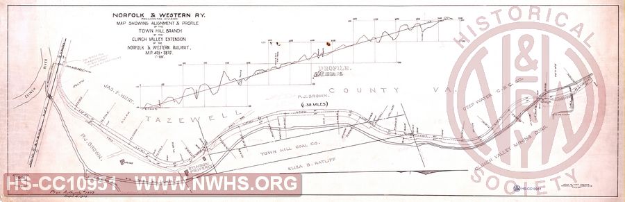 N&W Ry, Pocahontas Division, Map showing alignment & profile of the Town Hill Branch of the Clinch Valley Extension of the N&W Ry, MP 405+2870'