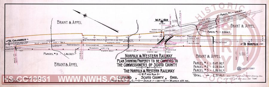N&W Ry, Plan showing property to be conveyed to The Commissioners of Scioto County by The Norfolk & Western Railway, MP 620 near Clifford, Scioto County Ohio