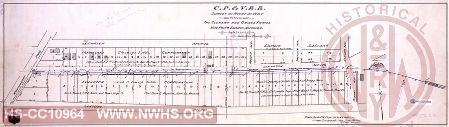 C.P. & V. R.R. survey of right of way through The Cleneay and Griggs Farms, Mile Post 4, Evanston, Norwood, O.
