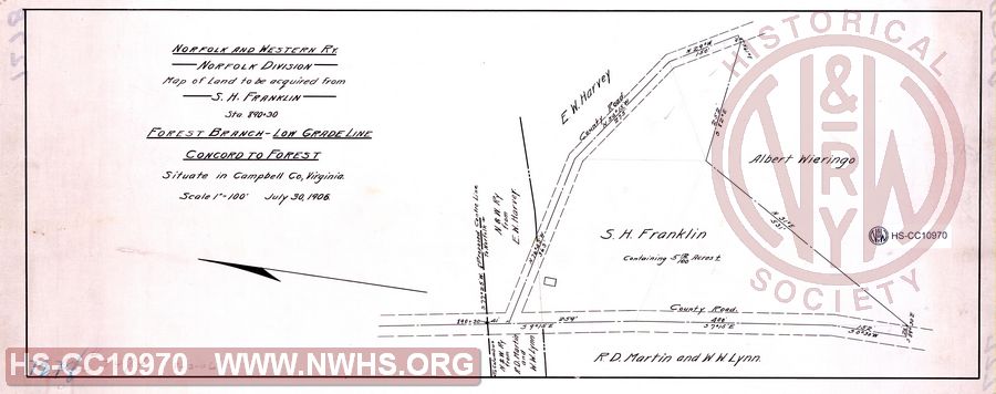 N&W Ry, Norfolk Division, Map of land to be acquired from S.H. Franklin, Sta 890+30, Forest Branch - Low Grade Line, Concord to Forest