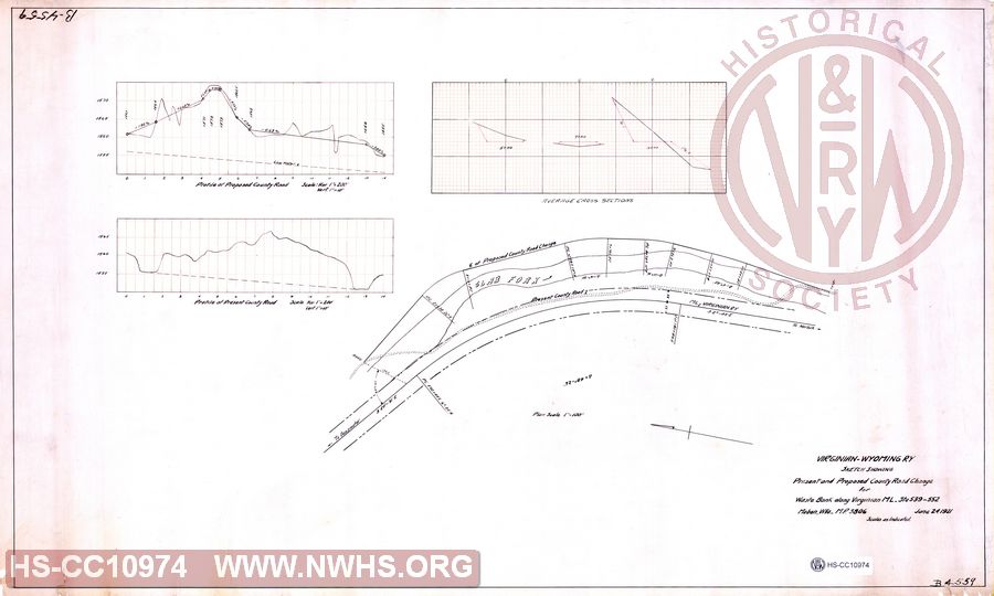 Virginian-Wyoming Ry, Sketch showing Present and Proposed county road change for Waste Bank along Virginian ML Sta 539-552, Maben Wva MP 380.6