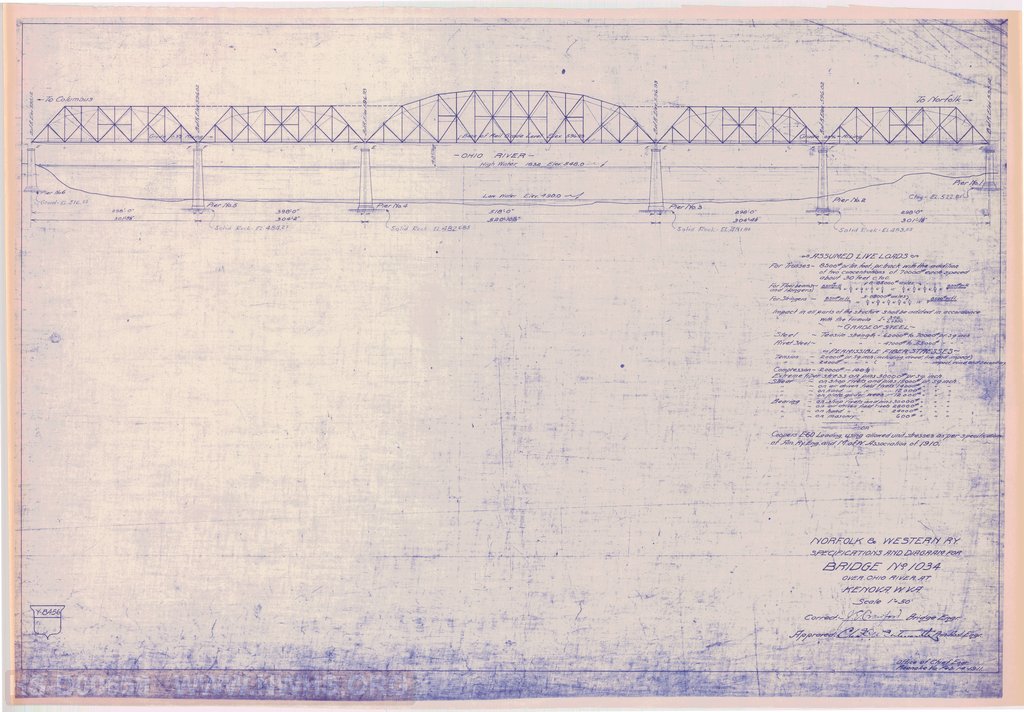 N&W RY, Specifications and diagram for Bridge No 1034 over Ohio River at Kenova W. VA