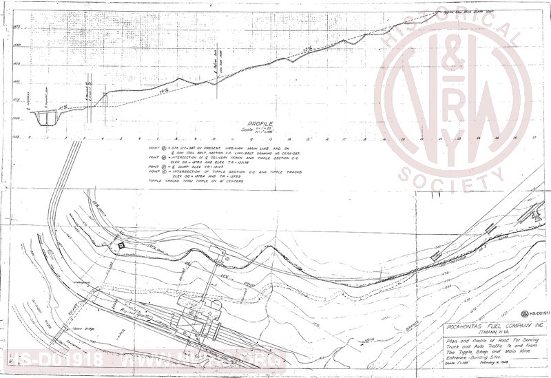 Pocahontas Fuel Company, Inc., Itmann, W.VA, Plan and profile of road for serving truck and auth traffic to and from the tipple, shop, and main mine entrance - Building Sites