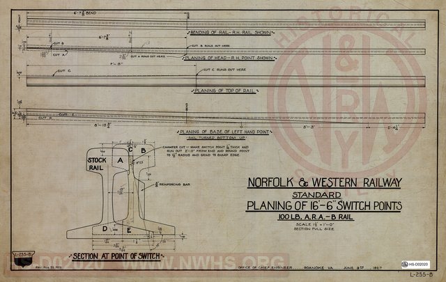 N&W Ry. Standard Planning of 16'-6" Switch Points, 100 LB A.R.A. - B Rail