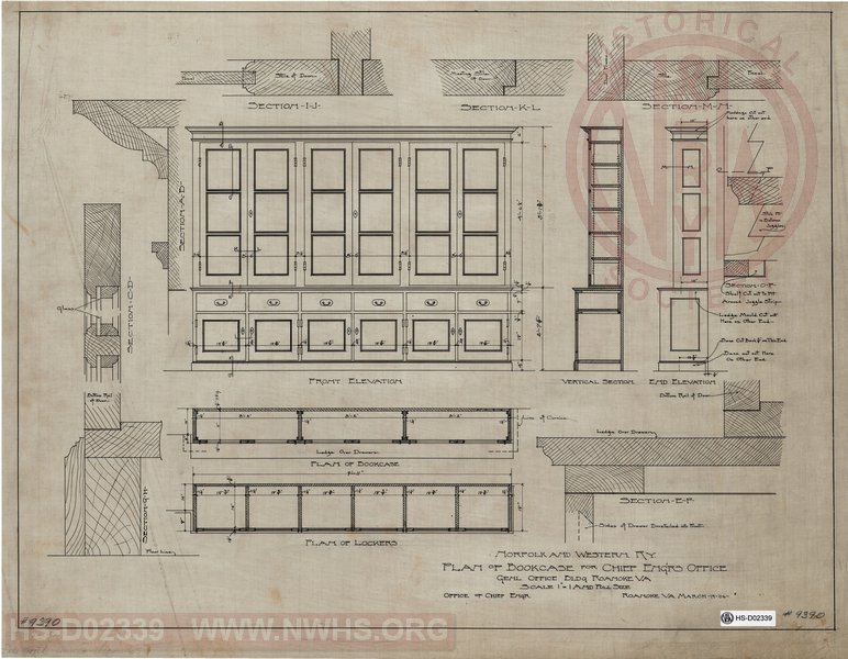N&W Ry, Plan of Bookcase for Chief Engineers Office, General Office Bldg., Roanoke, Va.