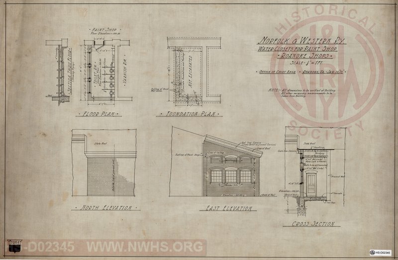 Water Closets for Paint Shop, Roanoke Shops. East and North Elevation, Floor Plan, Foundation Plan, Cross Section