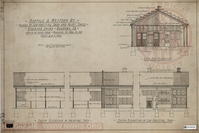 Plans of Car Erecting Shop and Paint Shed, Roanoke Shops. East and North Elevation, Floor Plan, Foundation Plan, Cross Section