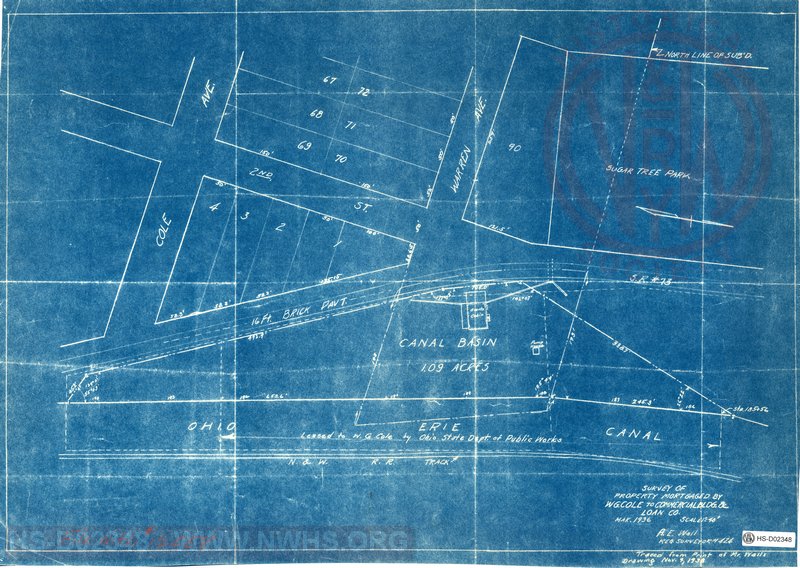 Survey of Property Mortgaged by W.G. Cole to Commercial Bldg. & Loan Co., Mar. 1936.  Map showing plot of land adjacent to Cincinnati District tracks in Cole's Park subdivision area of Portsmouth OH