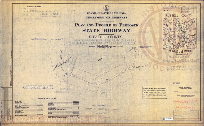 Plan and Profile of Proposed State Highway, Russell County, VA. Sheet 1 of 6 - Title Sheet