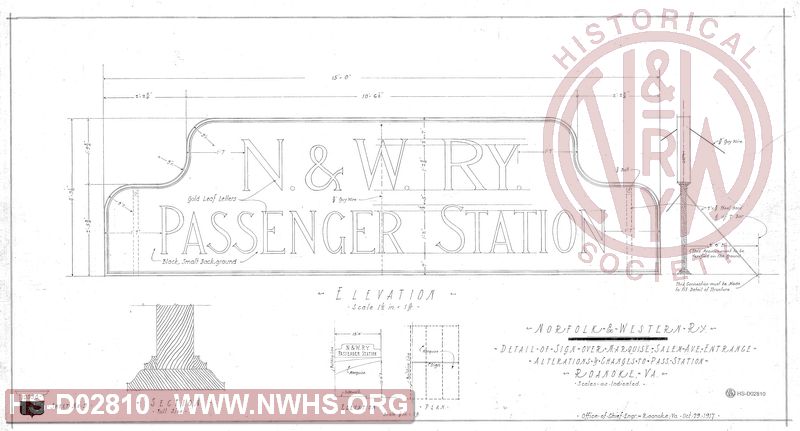 N&W Ry, Detail of sign over marquise, Salem Ave Entrance, Alterations & Changes to Pass. Station, Roanoke, Va.