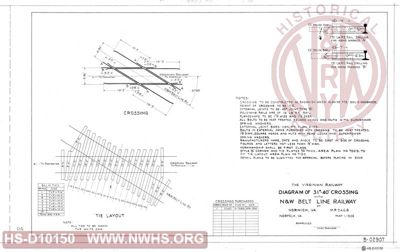 VGN Diagram of 31 degree 40 minute crossing with N&W belt line at Norwich, VA MP 246.8