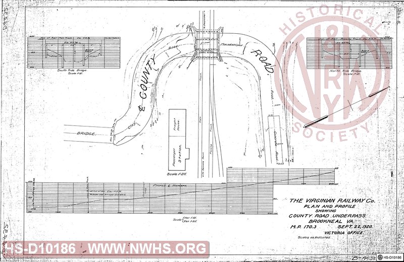 VGN Plan and Profile showing county road underpass at Brookneal, VA, MP 170.3