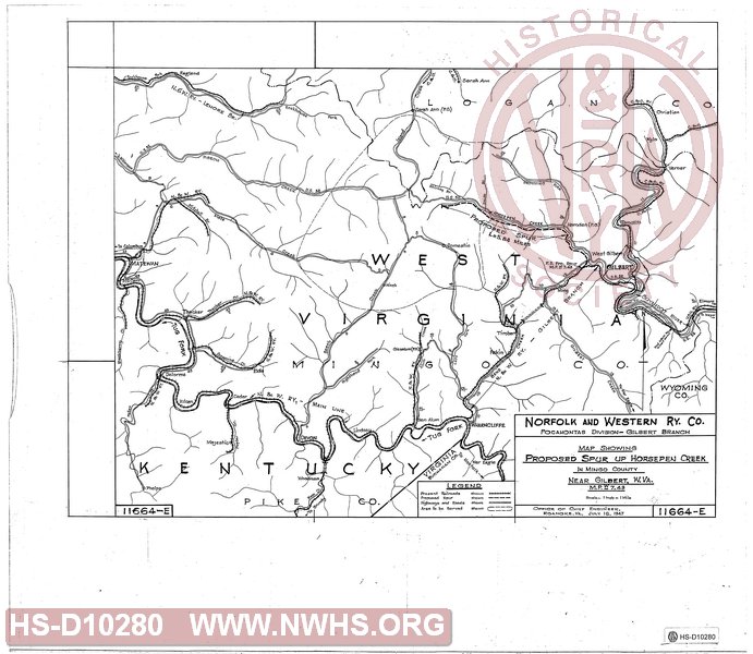 Map showing Proposed Spur up Horsepen Creek in Mingo County, near Gilbert, WV.  MP W7.43