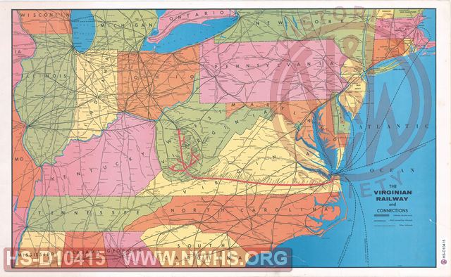 "The Virginian Railway and Connections", color map of Eastern US showing entire VGN route
