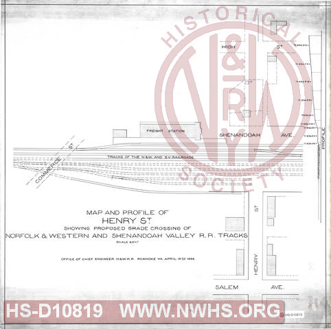 Map and Profile of Henry St showing proposed grade crossing of N&W and Shenandoah Valley RR Tracks