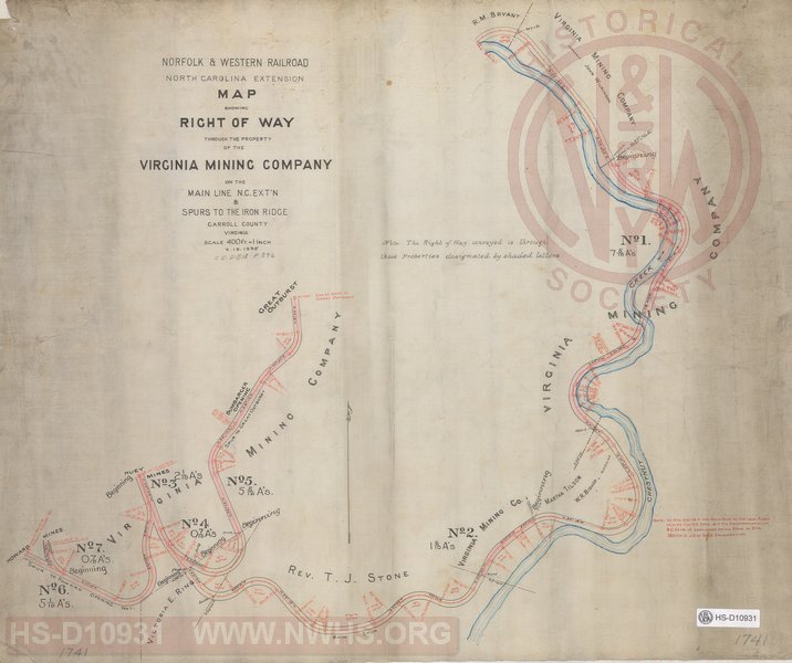 N&W RR, North Carolina Extension, Map showing Right of Way through the property of the Virginia Mining Company on the Main Line N.C. Ext'n & Spurs to the Iron Ridge, Carroll County VA