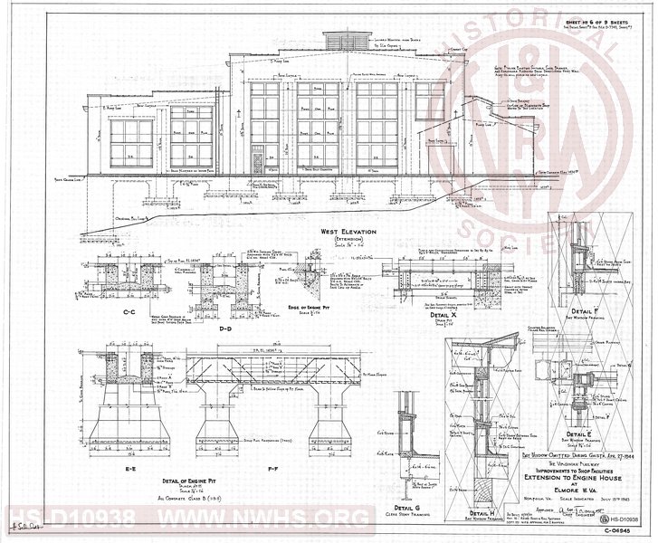 Improvements to Shop Facilities, Extension to Engine House, Elmore WV. Sheet 6 of 9, West Elevation, Engine Pit Details