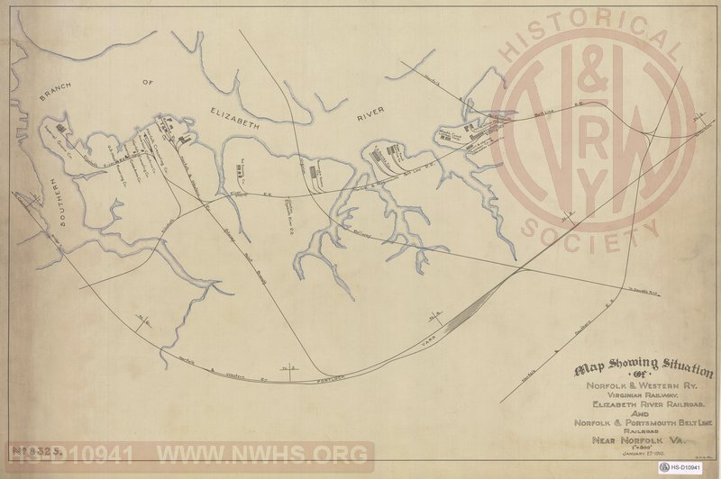 Map Showing Situation of N&W Rwy, VGN Rwy, Elizabeth River Railroad and N&PBL RR near Norfolk, VA