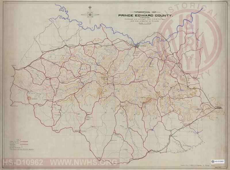 Topographical Map of Prince Edward County Virginia, Combined and enlarged from U.S.G. Surveys and map prepared by H. Jacob