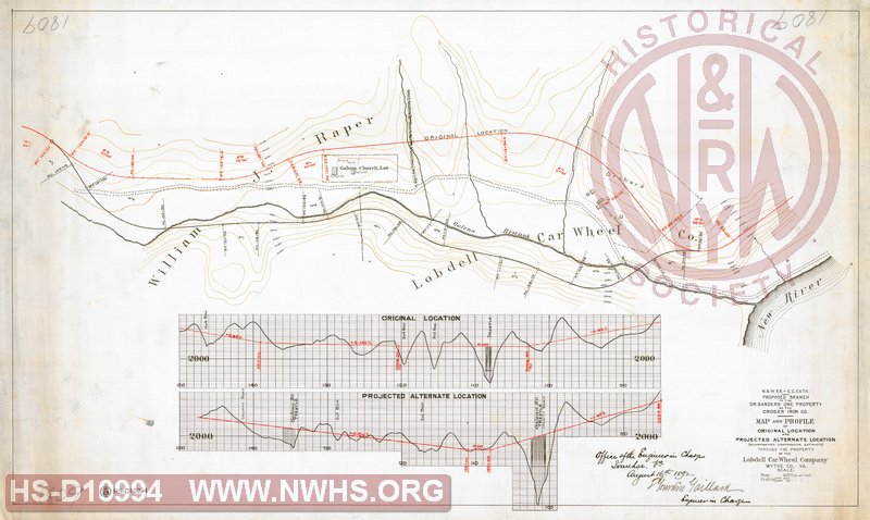 N&W RR - C.C. Extn, Proposed branch to the Dr Sanders Ore Property of the Croser Iron Co., Map and Profile of original location and projected alternate location through the property of the Lobdell Car wheel company, Wythe Co. Va