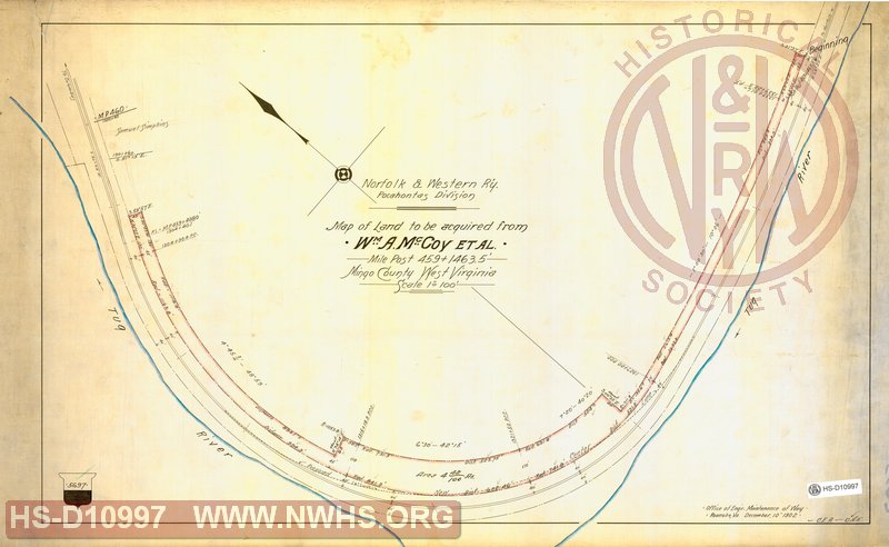 N&W Ry, Pocahontas Division, Map of land to be acquired from Wm A. McCoy et.al., MP 459+1463.5', Mingo County WV