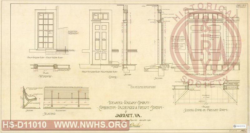 Tidewater Railway Company, Combination Passenger & Freight Station at Jarratt, Va., Window, Door and Seating Details