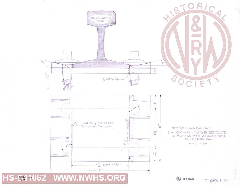 The Virginian Railway, Diagram of Punching Intermediate Tie Plates for Screw Spikes, 85 Lb. A.S.C.E. Rail