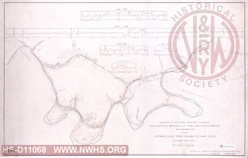 N&W Ry Co, Naugatuck Branch of the Ohio Extension, Map and Profiles showing alternate lines Trace branch to Camp Creek, Station 740-1220