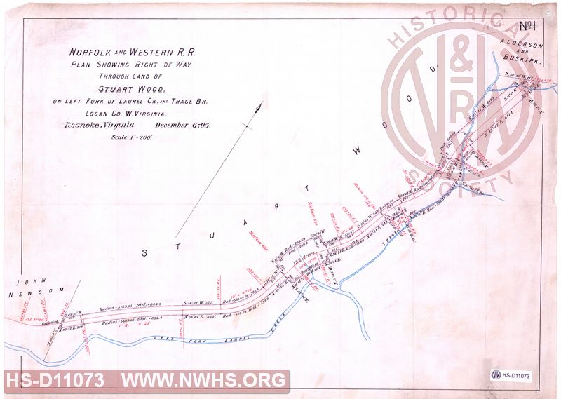 N&W RR, Plan showing Right of Way through land of Stuart Wood on Left Fork of Laurel Creek and Trace Br, Logan Co. W.Virginia