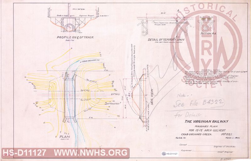 VGN Rwy, Masonry Plan for 12'-12' Arch Culvert, Crab Orchard Creek, MP 212.1