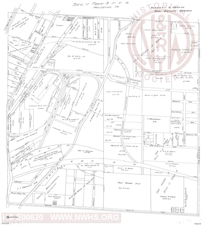 Untitled, undated map of Cincinnati area city streets, land plots and rights of way. Sec II Tow 3 F.R. 2, Mill Creek Tp.