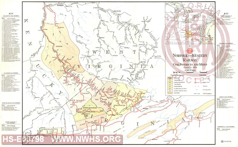 N&W Map of Coal Districts and Mines, November 1938