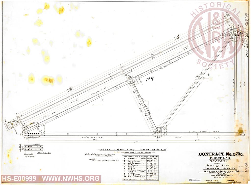 Contract No. 5795, Sheet No. 3, Rafters for Machine Shop at Lambert's Point VA, N&W RR
