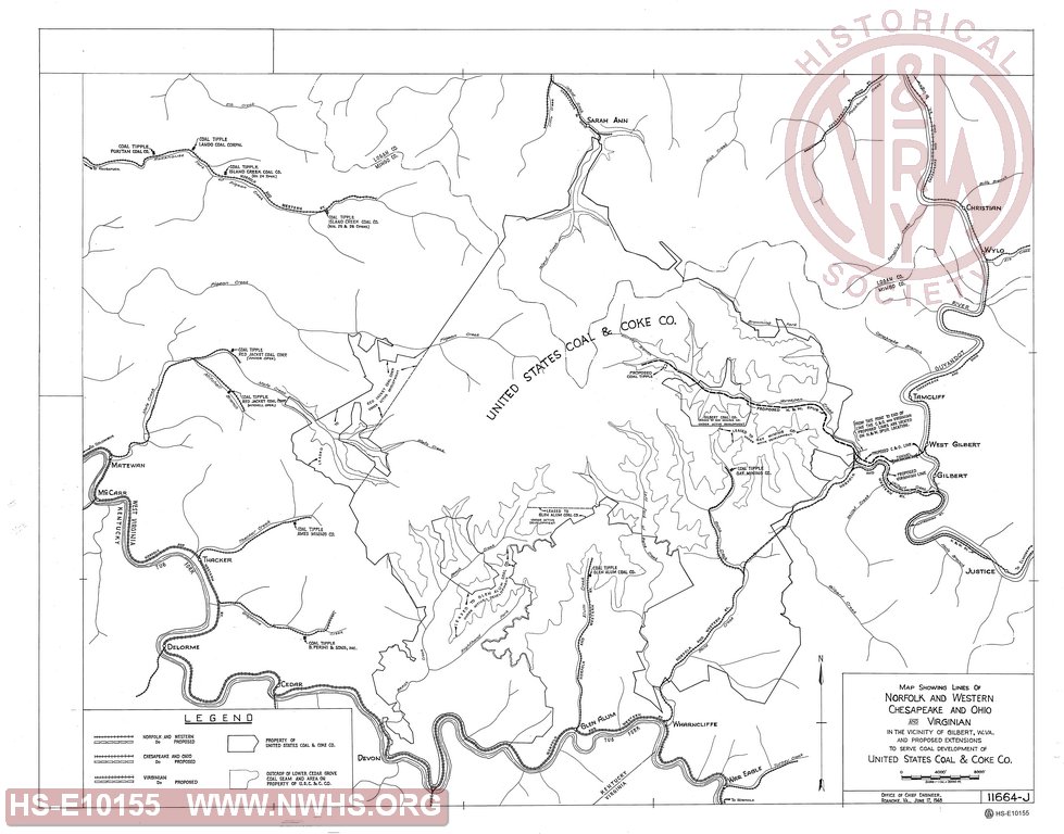 Map Showing Lines of N&W, C&O and VGN in the Vicinity of Gilbert, W.Va. and Proposed Extensions to serve US Coal and Coke Co.