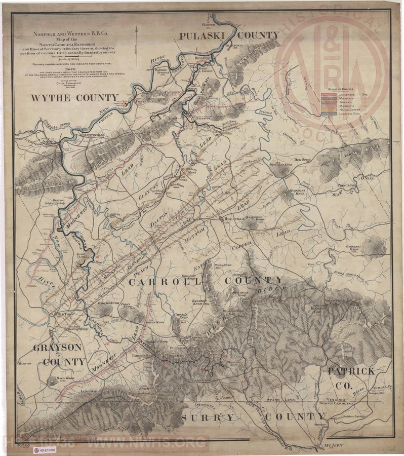 N&W RR Co. Map of the North Carolina extensions and mineral territory tributary thereto, showing the position of various ores actually located by survey