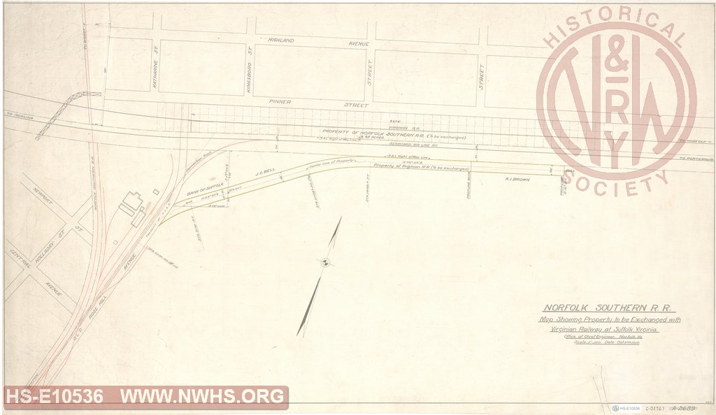 Norfolk Southern RR, Map Showing Property to be Exchanged with Virginian Railway at Suffolk VA.