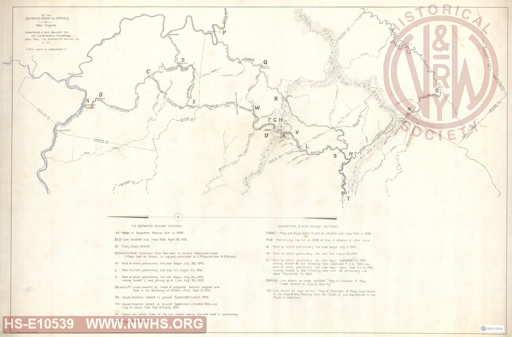 Map used in argument, in the Supreme Court of Appeals of West Virginia, Chesapeake & Ohio Railway Co. vs Condemnation Proceedings, John L. Trail, The Deepwater Railway Co., et. al.