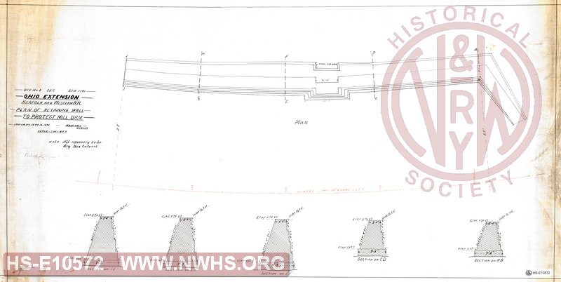N&W RR Ohio Extension, Plan of Retaining Wall to Protect Mill Dam.  Division No. 2, Station 1141.