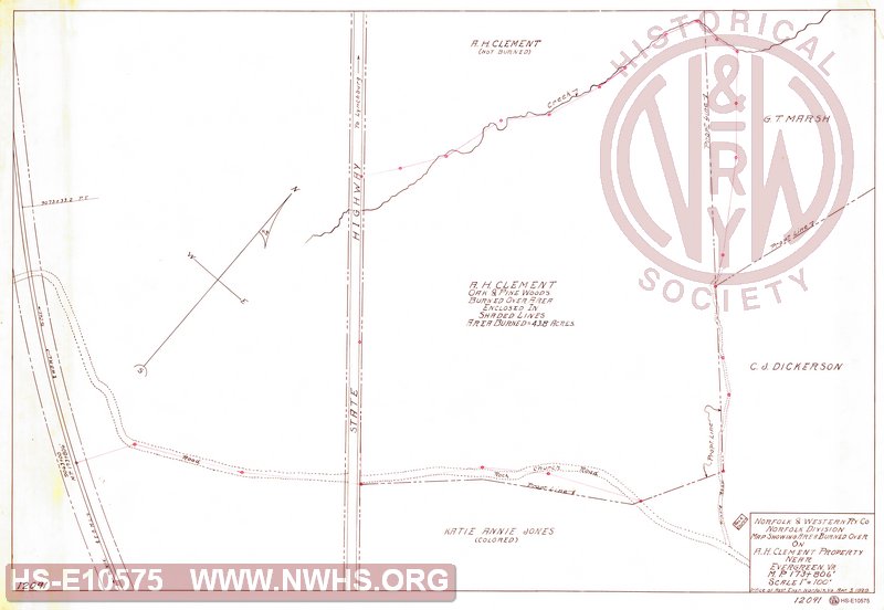 N&W Rwy, Map Showing Area Burned Over on A.H. Clement Property near Evergreen VA, MP 173+806'