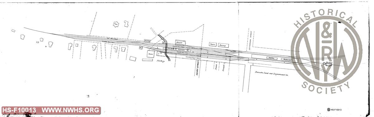 Map of early Roanoke showing freight depot, passenger station and car hoist locations