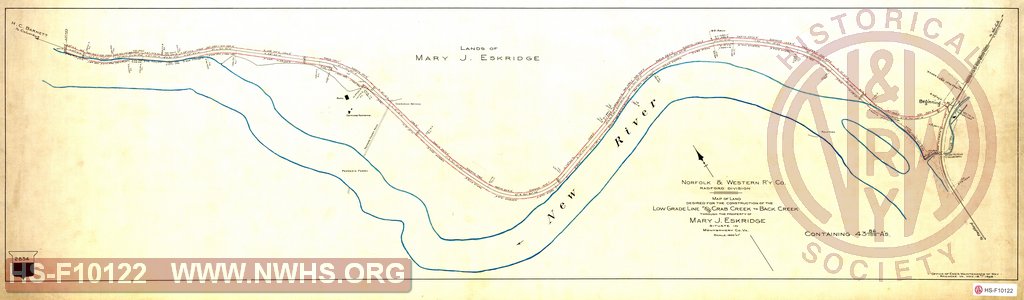 N&W R'y Co, Radford Div, Map of Land Desired for the construction of the Low Grade Line from Crab Creek to Back Creek Through the property of Mary J. Eskridge Situate in Montgomery Co. Va.