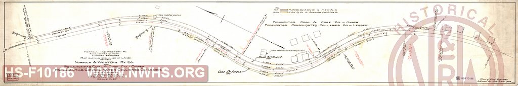 Map Showing Exchange of Lands between N&W Ry. Co. and Pocahontas Coal & Coke Co. (owner), Pocahontas Consolidated Collieries Co. (lessee), MP 0+3634', Switchback WV.