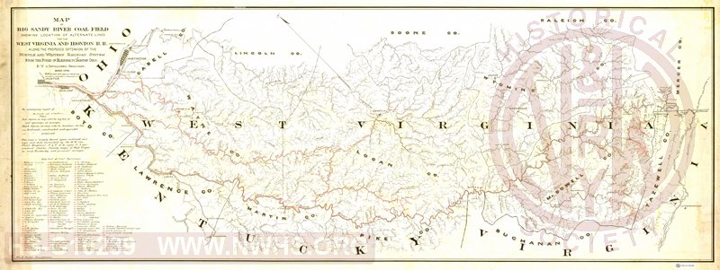 Map of Big Sandy River Coal Field showing location of Alternate Lines for the West Virginia and Ironton RR along the proposed extension of the Norfolk and Western Railroad System from the Forks of Elkhorn to Ironton, OH, May 1889