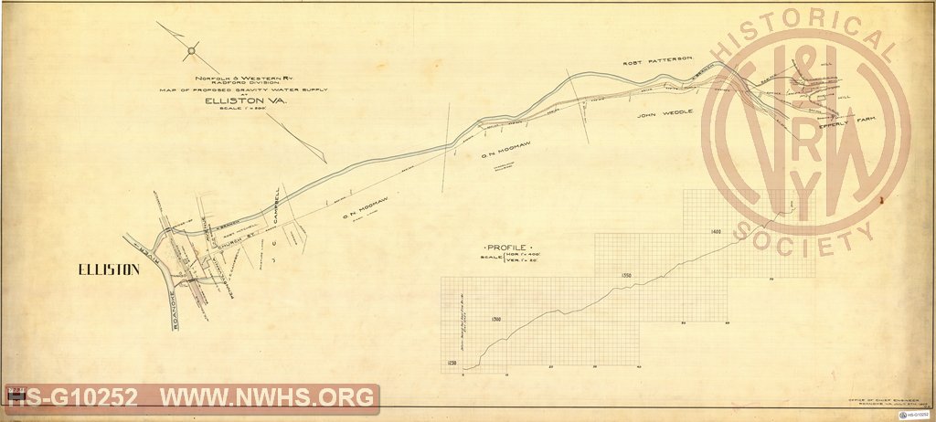 N&W Ry, Radford Division, Map of proposed gravity water supply at Elliston VA.