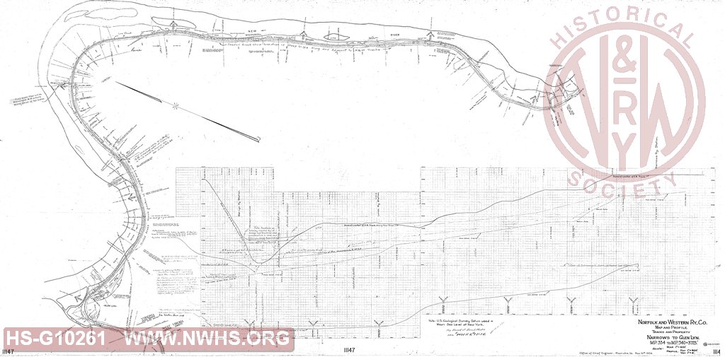 N&W Ry Co., Map and Profile, Tracks and Property, Narrows to Glen Lyn, M.P. 334 to M.P.340+3725