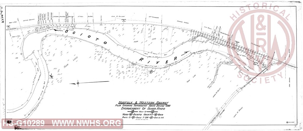 N&W Rwy Co. Plan showing Topography above Bridge #2001, Encroachment of Scioto River west of Vera, Scioto County OH.